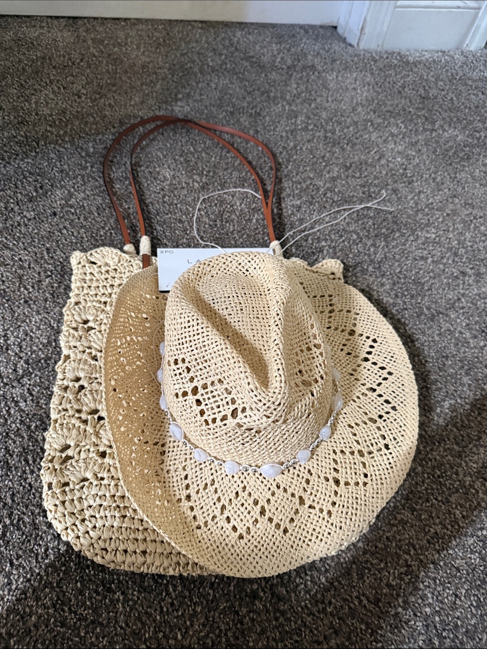 Laundry By Shelli Segal Natural Crochet Tote 2pc set straw cowboy hat & tote